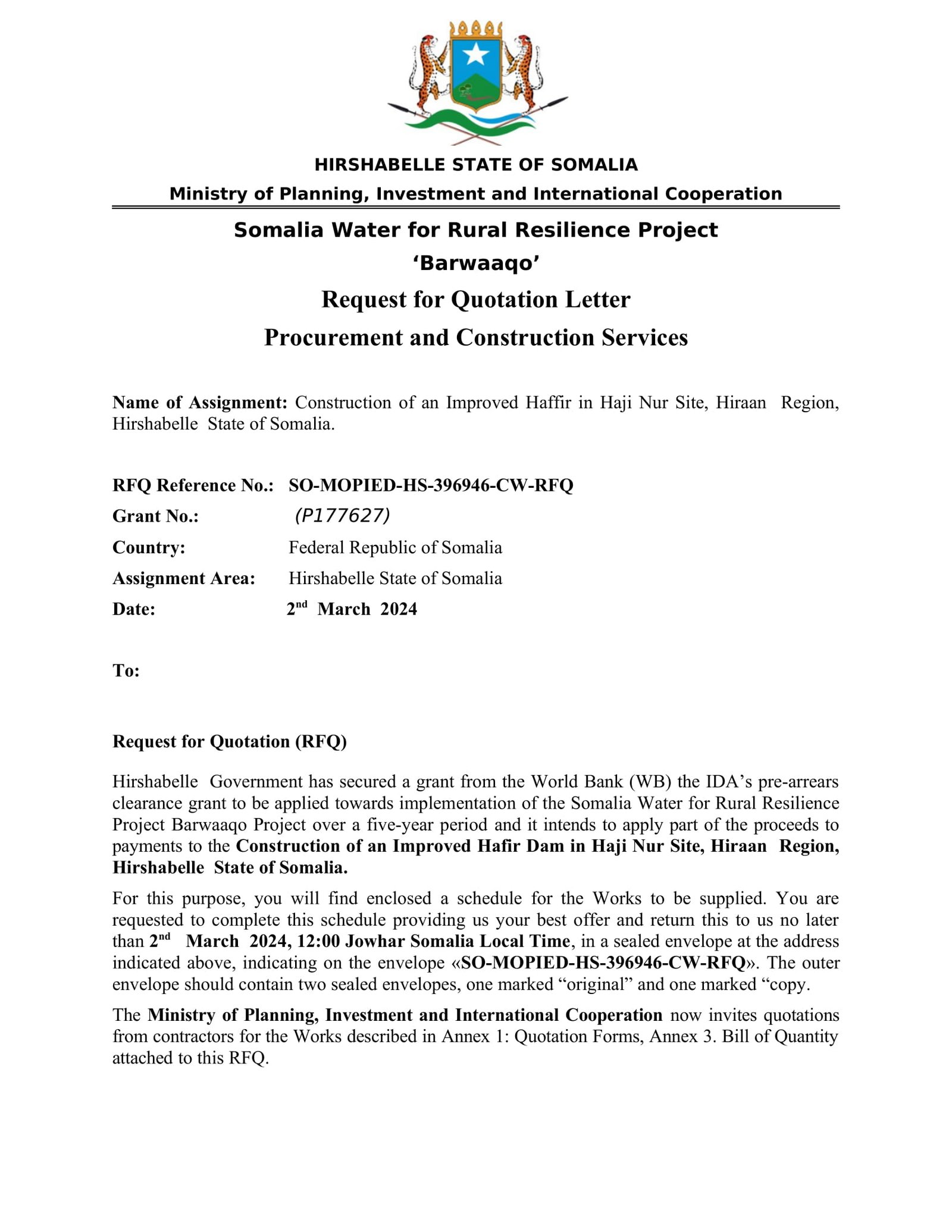 Request Qoutation for Construction of an Improved Haffir in Haji Nur Site Hiraan Region Hirshabelle State of Somalia. copy 1