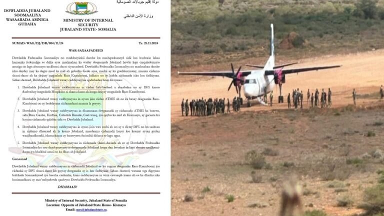 Jubbaland oo War ka soo saartay ciidankii DFS ka dejisay Raaskamboni.