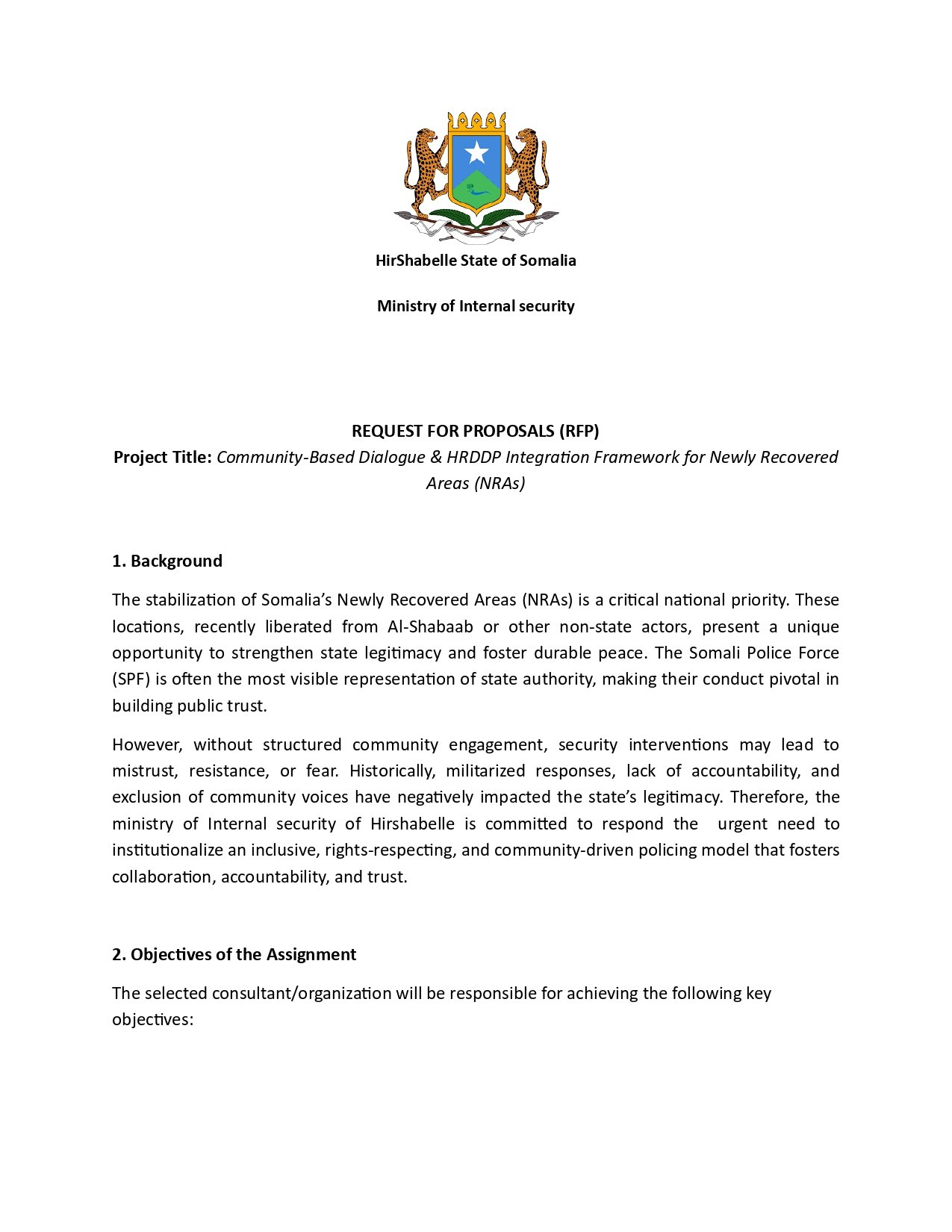 Final revised RFP for Community Based Dialogue HRDDP Integration Framework for Newly Recovered Areas NRAs page 0001