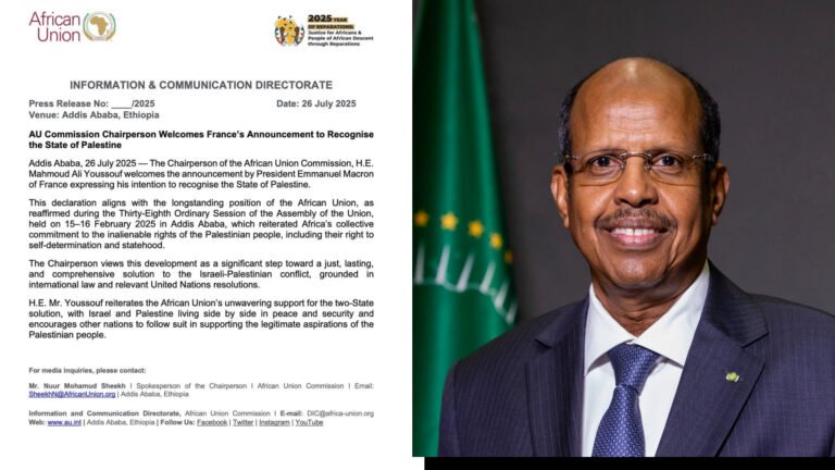 {DAAWO MUUQAALKA}  Midowga Afrika Oo soo dhoweeyay Go’aanka uu madaxweynaha Faransiiska ku aqoonsaday dowladda