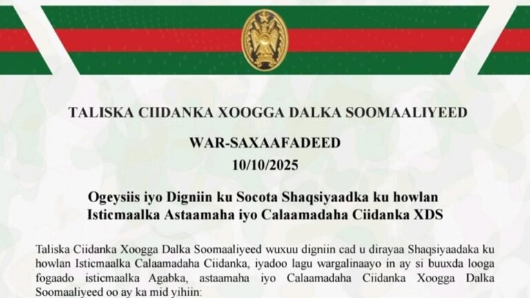 Taliska Ciidanka Xoogga Dalka Soomaaliyeed oo Digniin Adag Soo Saaray.