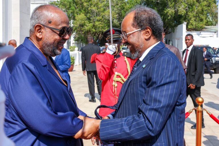 Madaxweyne Xasan Sheekh oo magaalada Jabuuti kula kulmay Madaxweyne Ismaaciil Cumar Geelle.