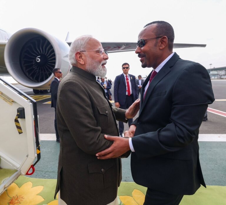 PM_Abiy receives Indian Prime Minister Modi at Addis Abeba’s Bole International Airport.