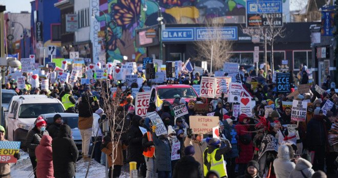 Thousands march in “ICE Out” rally on Minneapolis’ Lake Street corridor