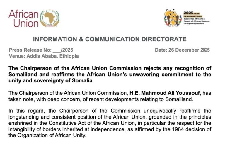 Midowga Afrika oo ka soo horjeestay go’aankii ay Israa’iil ku aqoonsatay Somaliland.